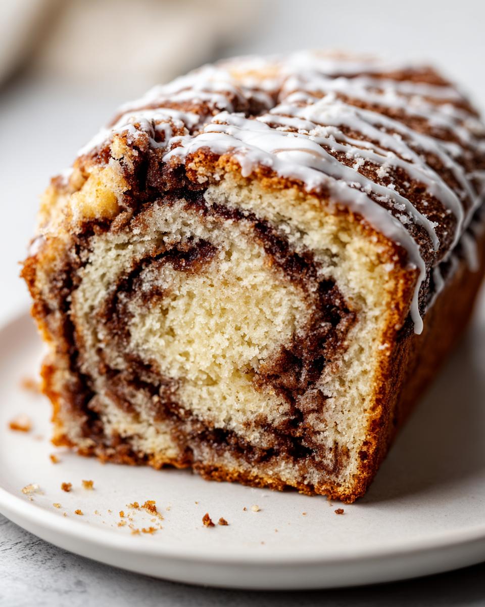 Close-up of a slice of homemade cinnamon bread showing a rich cinnamon swirl and white icing drizzle.