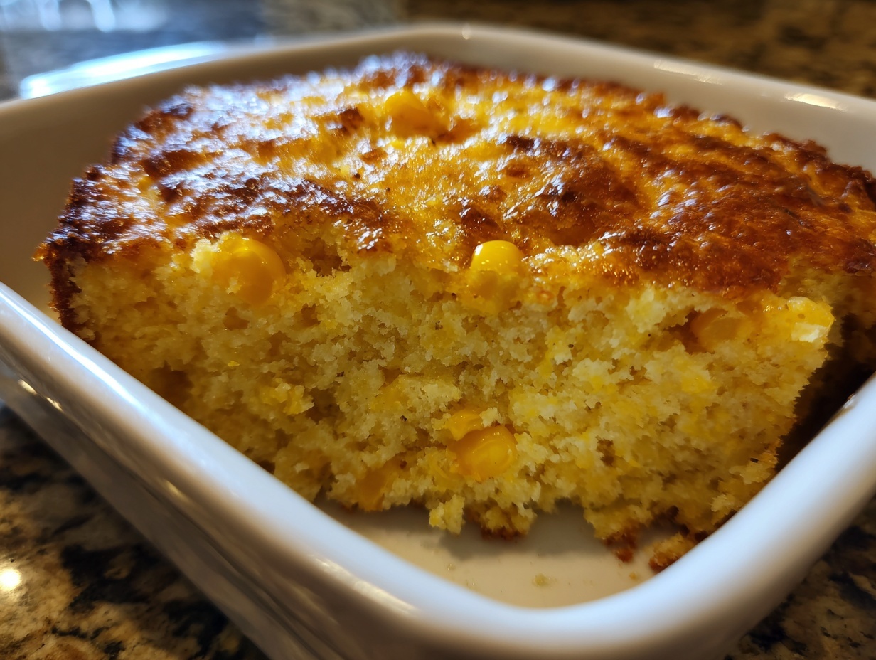 Close-up of a moist, golden slice of jiffy corn casserole with visible corn kernels in a white baking dish.