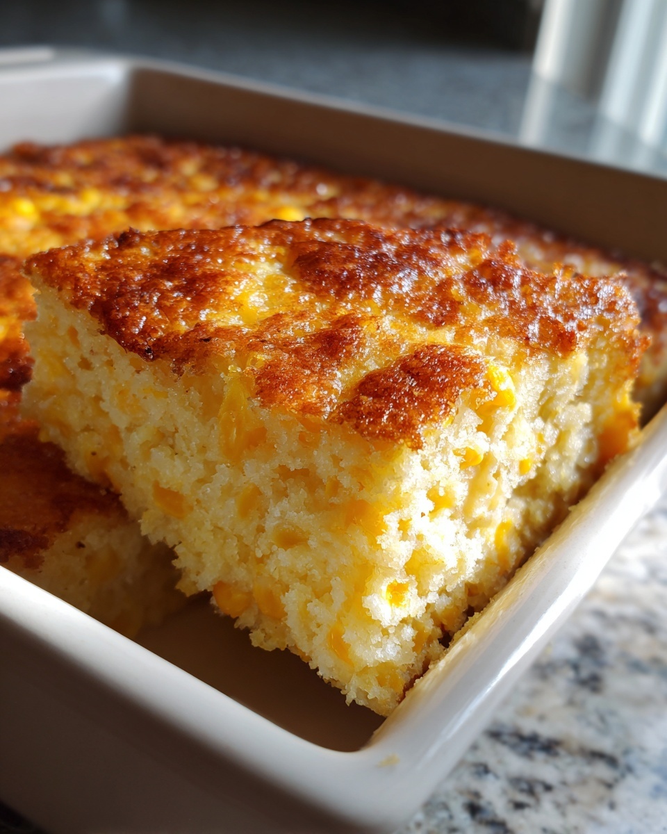 A close-up of a square slice of moist jiffy corn casserole with a deeply browned, sweet crust.