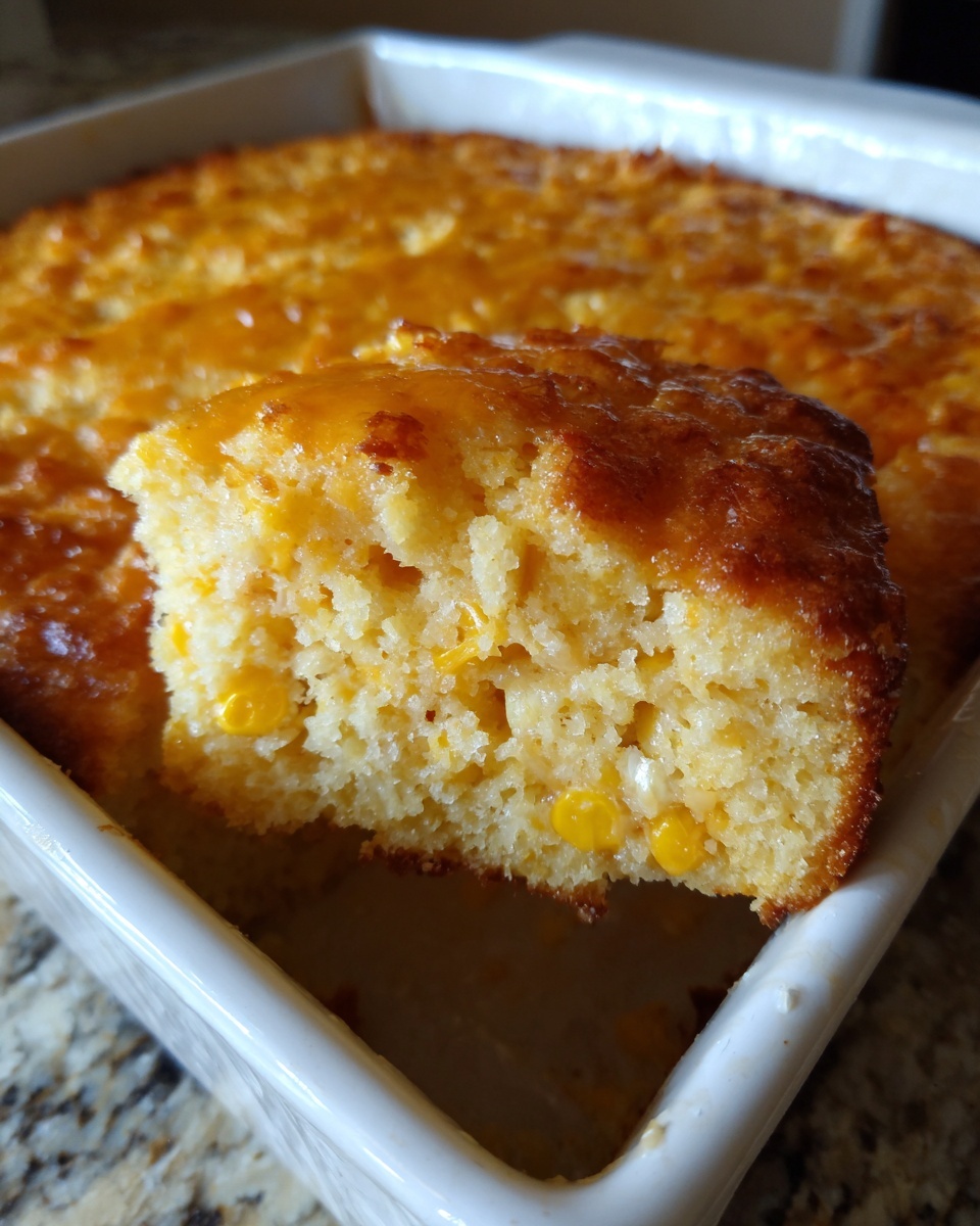 A close-up of a thick, golden slice of jiffy corn casserole being lifted from a white baking dish.