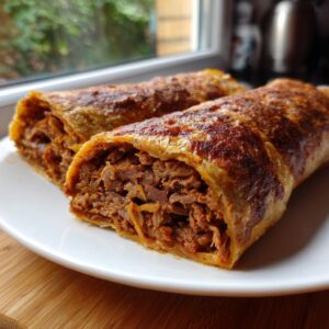 Close-up of two halves of a homemade doner kebab roll, showing the savory, shredded meat filling inside a crispy wrap.