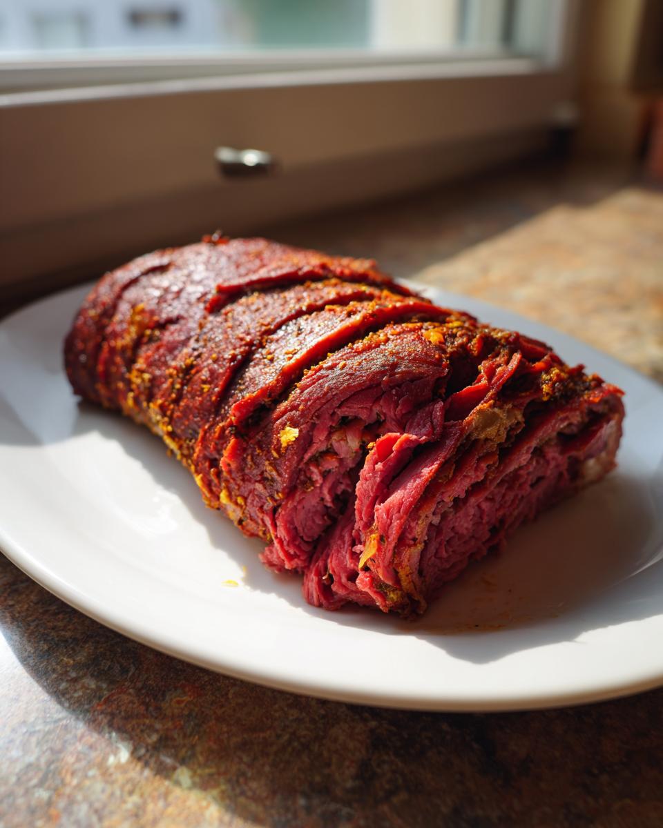 Close-up of a seasoned, rolled roast meat, sliced to show the bright pink interior, ready for homemade doner kebab.