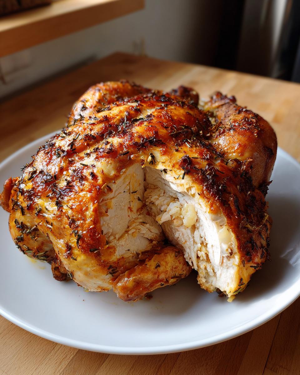 Close-up of a perfectly roasted whole chicken with crispy, herb-rubbed skin, showing the moist white meat inside.