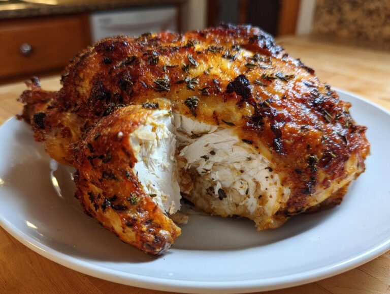 Close-up of a perfectly roasted whole chicken with golden, herbed skin, showing juicy white meat where a piece has been removed.