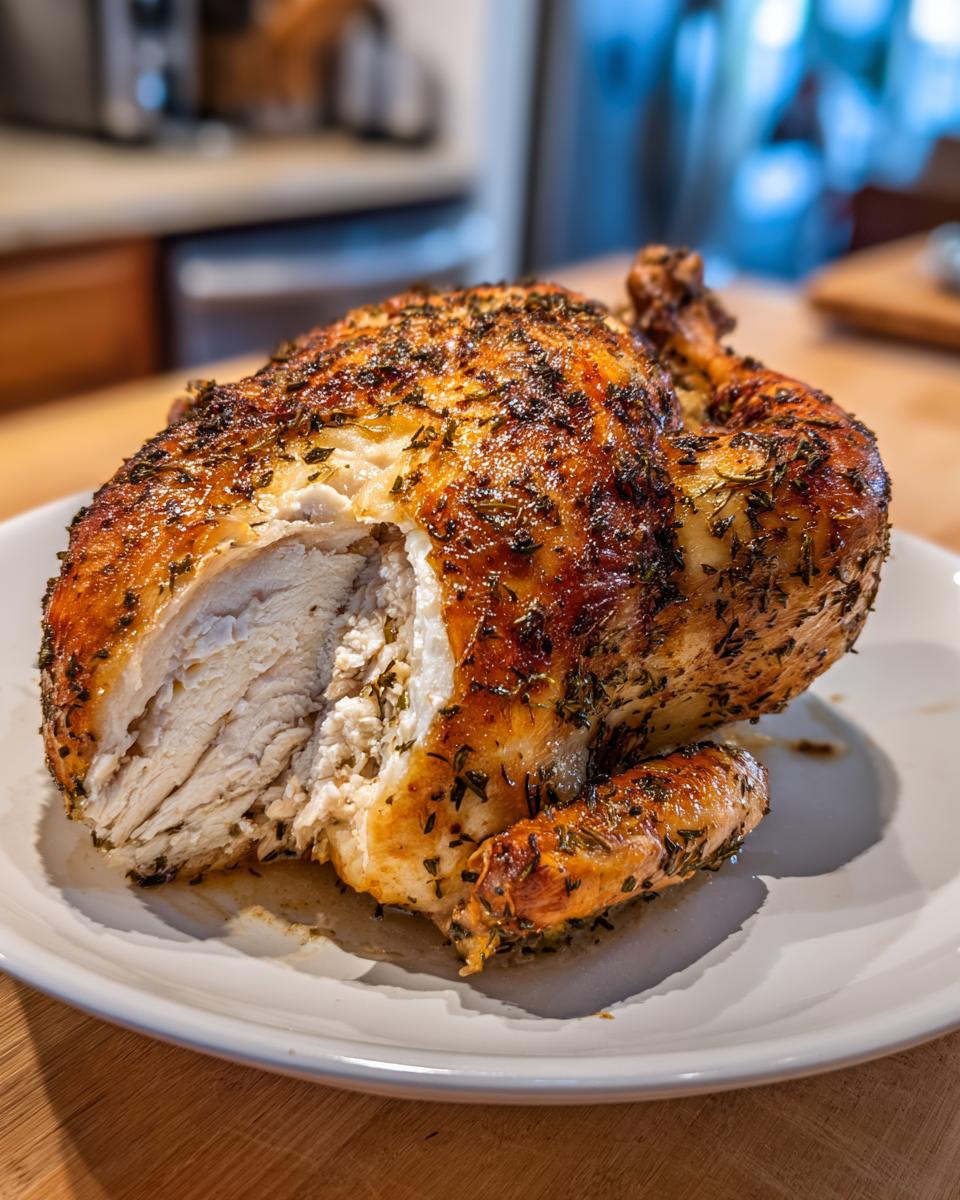 A perfectly roasted whole chicken with golden, herb-crusted skin, showing a slice of juicy white meat removed.