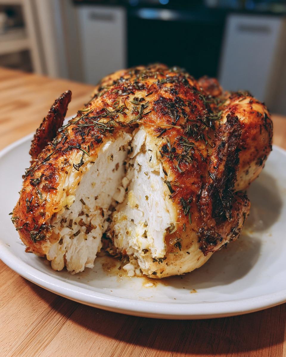 A perfectly roasted whole chicken, cut open to show juicy white meat and herb-crusted skin.