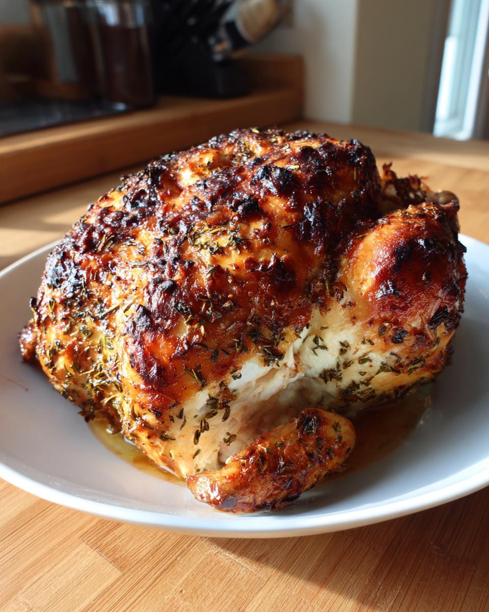 A perfectly roasted whole chicken with deeply browned, herb-crusted skin resting on a white plate.