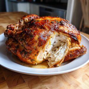 A perfectly roasted whole chicken, cut open to show juicy white meat, resting on a white plate.