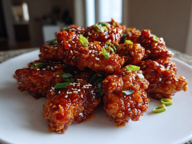 A pile of glossy, saucy Korean fried chicken pieces garnished with sesame seeds and green onions.