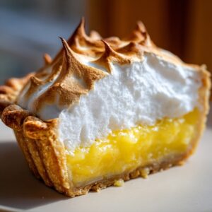 Close-up of a single serving lemon meringue pie showing the bright yellow filling and tall, toasted meringue peaks.