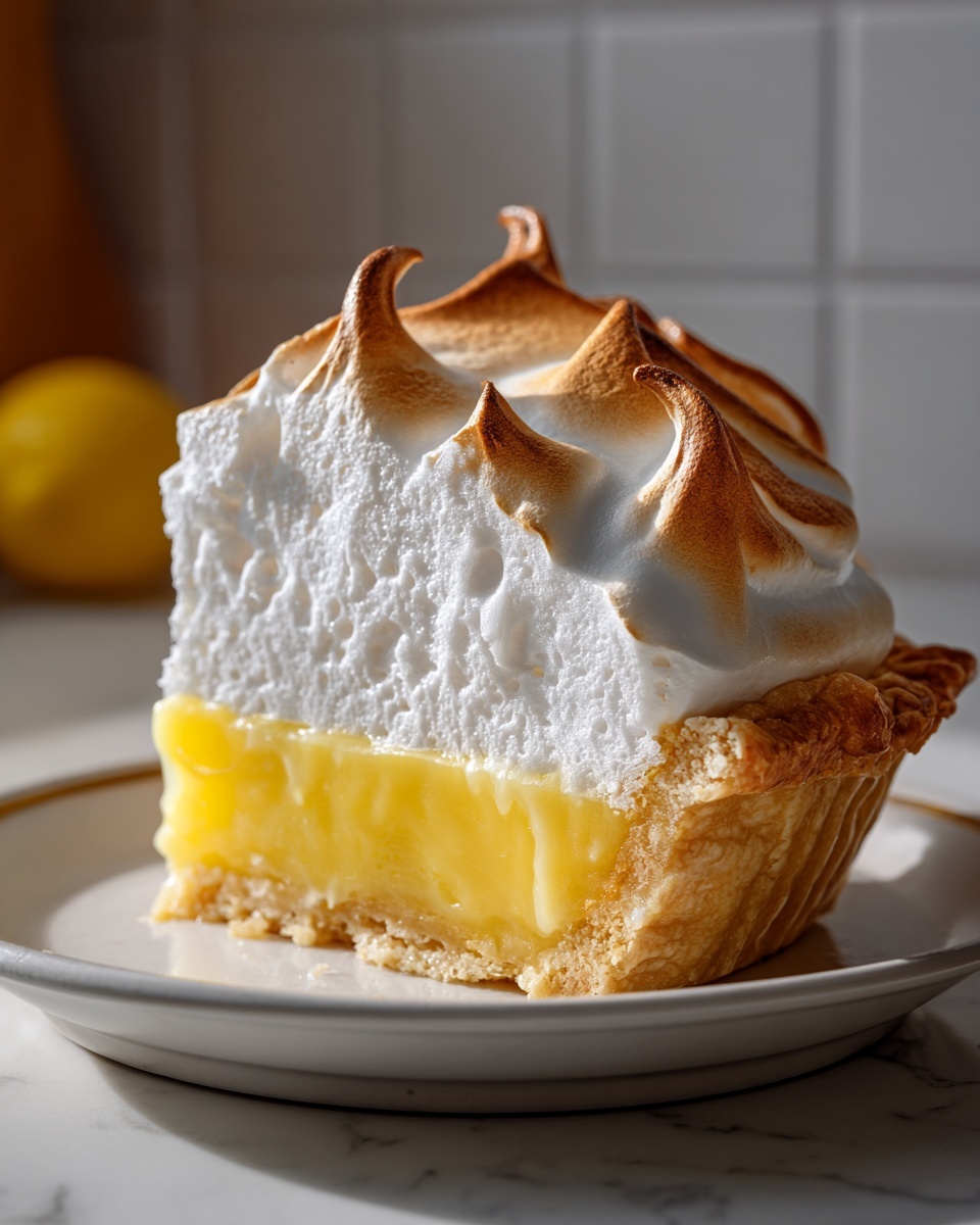 A tall slice of lemon meringue pie showing thick lemon curd, crust, and torched meringue peaks.