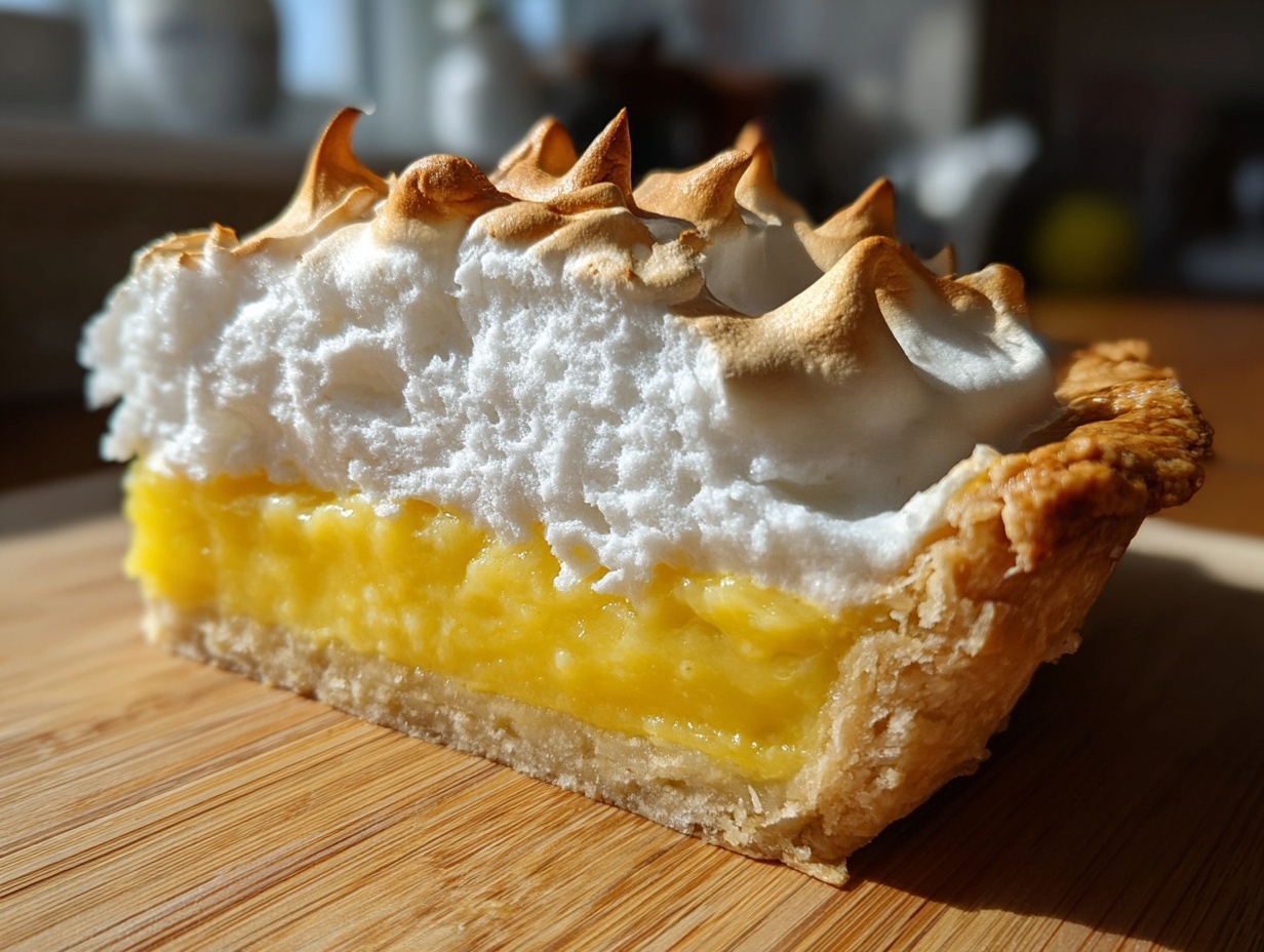 A close-up cross-section of a slice of lemon meringue pie showing the crust, bright yellow filling, and toasted meringue.