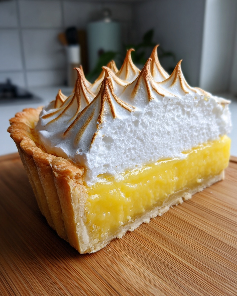 A tall slice of lemon meringue pie showing the bright yellow curd, crust, and fluffy, torched meringue peaks.