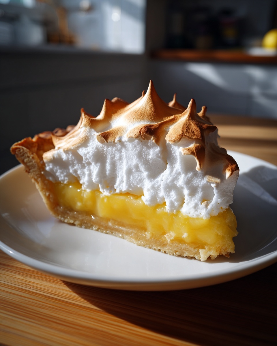 A perfect slice of lemon meringue pie showing a thick, bright yellow lemon filling and tall, toasted meringue peaks.