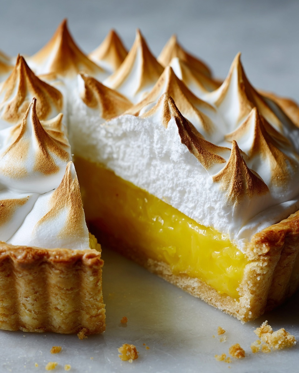 Close-up of a slice of lemon meringue pie showing fluffy, toasted meringue peaks over bright yellow lemon curd.