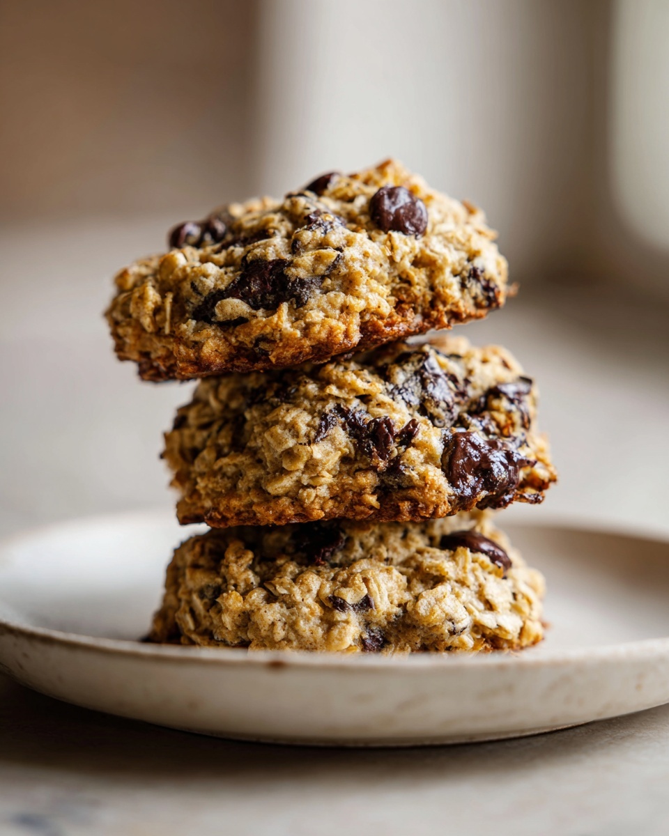 A vertical stack of three chewy, oatmeal chocolate chip breakfast cookies on a light plate.