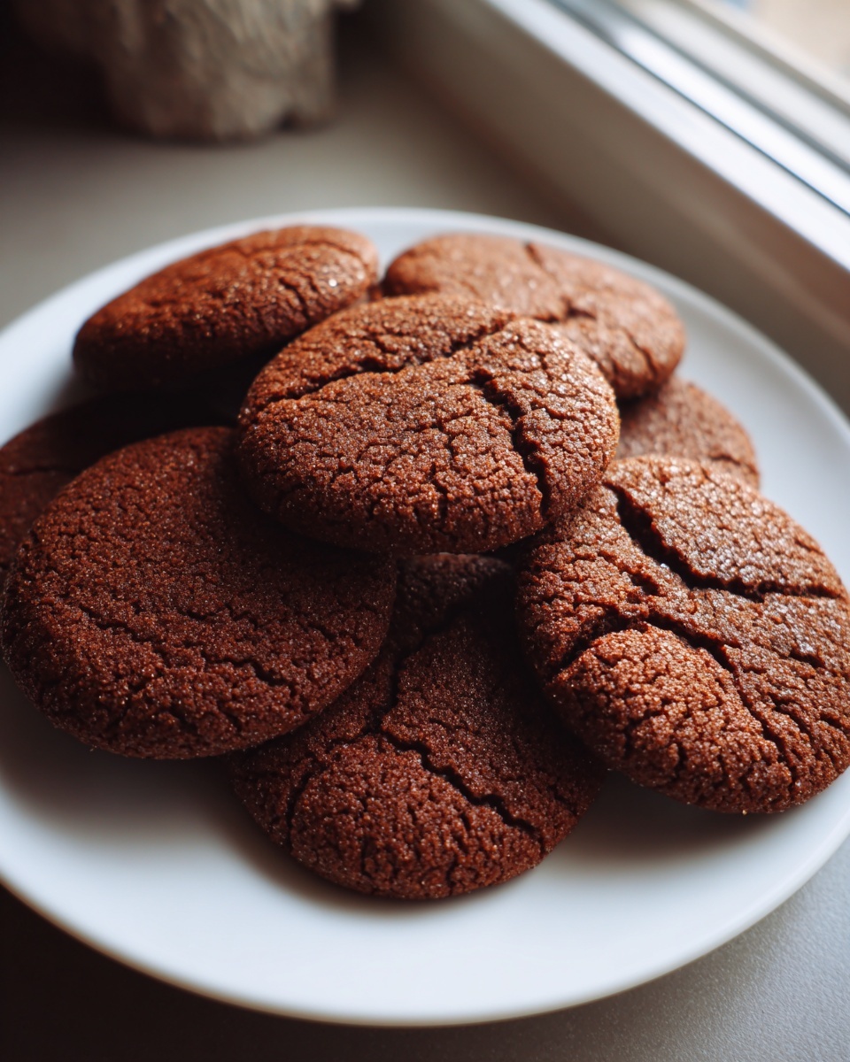 A close-up of several rich, dark brown gingerbread cookies piled on a white plate, showing their cracked tops.