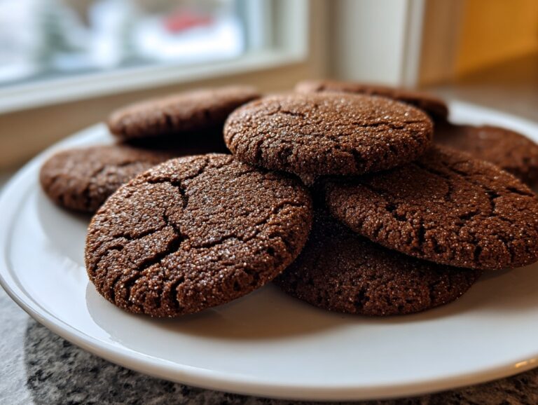 A close-up of several dark, crackled gingerbread cookies piled on a white plate, showing their non-spread shape.