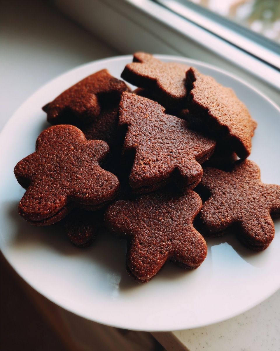 A pile of perfectly shaped, dark brown gingerbread cookies in star and gingerbread man shapes on a white plate.
