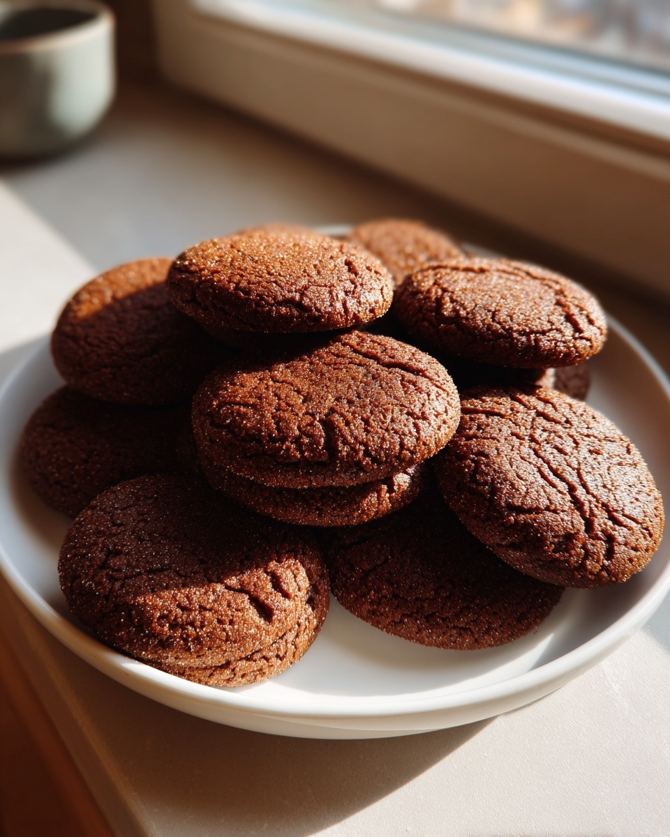 A stack of dark, crackled gingerbread cookies dusted with sugar, sitting on a white plate near a window.