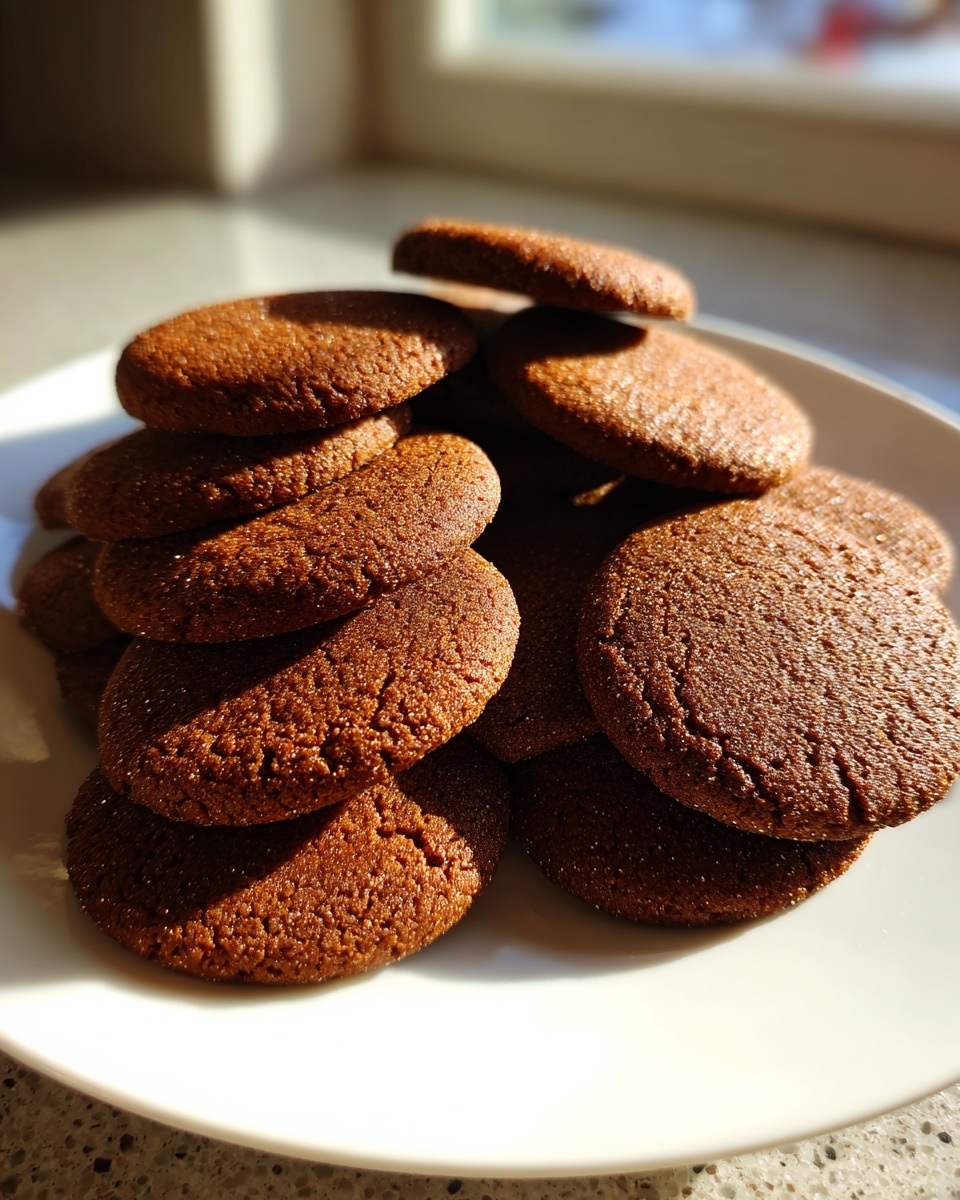 A stack of dark brown, perfectly round gingerbread cookies glistening in sunlight on a white plate.