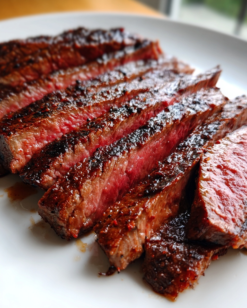 Close-up of perfectly cooked, medium-rare flank steak sliced against the grain on a white plate.