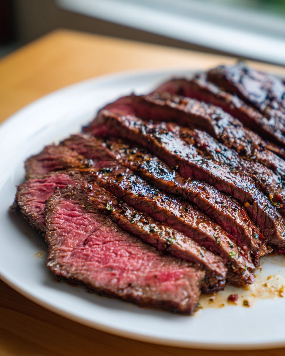 Close-up of juicy, medium-rare flank steak sliced against the grain on a white plate.