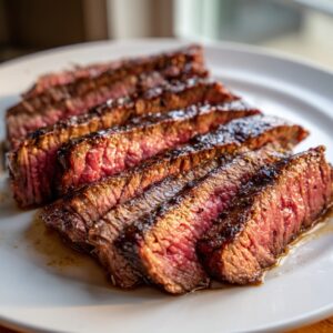 Close-up of perfectly cooked, medium-rare flank steak, sliced thinly against the grain on a white plate.