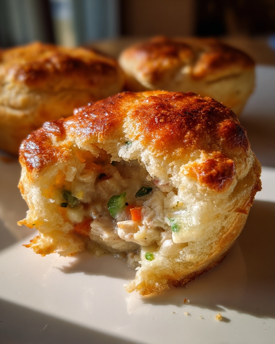A close-up of a mini chicken pot pie broken open, showing creamy filling with chicken and vegetables inside.