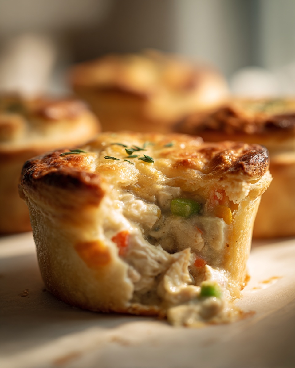 A close-up view of a flaky mini chicken pot pie cut open, showing creamy filling with chicken, peas, and carrots.