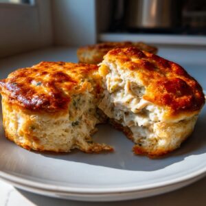 Close-up of a mini chicken pot pie broken in half, revealing creamy chicken filling inside a golden biscuit crust.