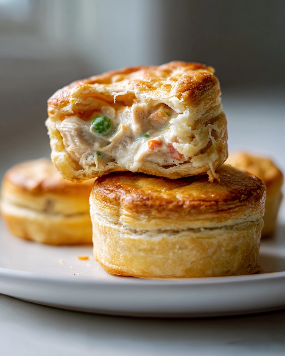 Close-up of stacked mini chicken pot pies, showing the creamy filling with chicken, peas, and carrots.