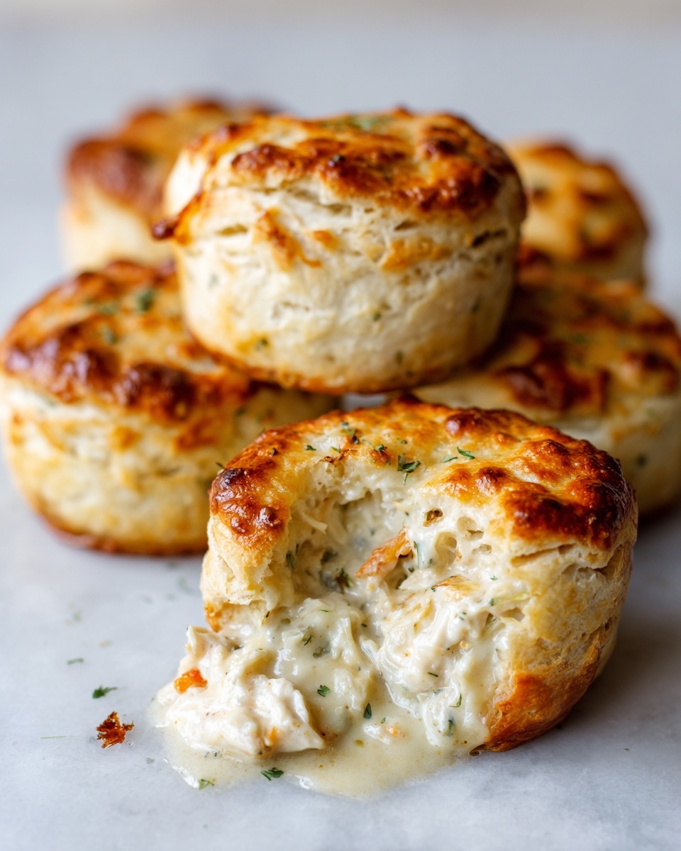Close-up of a mini chicken pot pie broken open, showing creamy chicken filling spilling out.