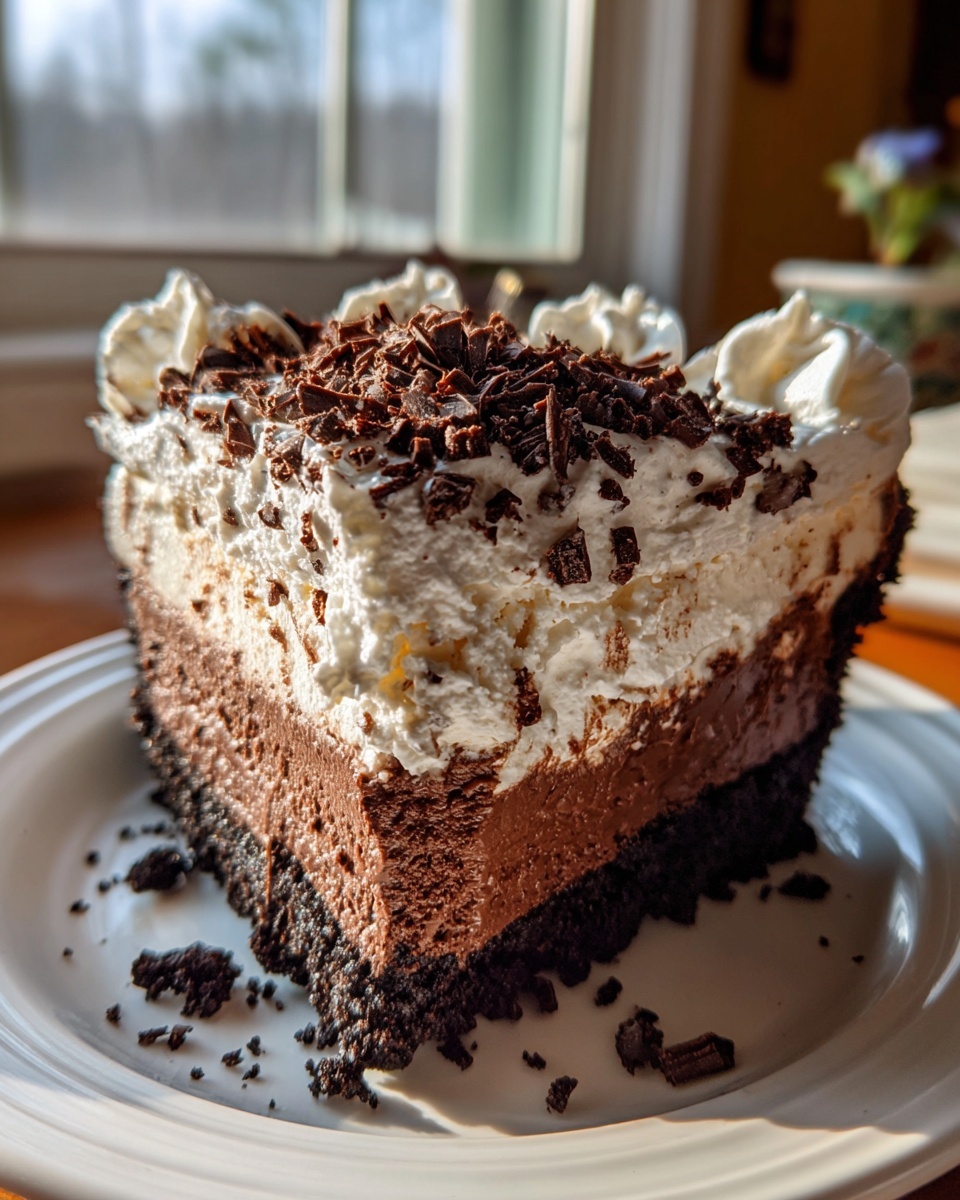 A tall slice of Mississippi Mud Pie featuring a dark crust, two layers of chocolate filling, and topped with whipped cream and chocolate shavings.