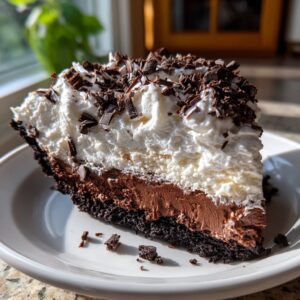 A decadent slice of Mississippi Mud Pie featuring a dark crust, chocolate mousse, and thick whipped cream topped with chocolate shavings.