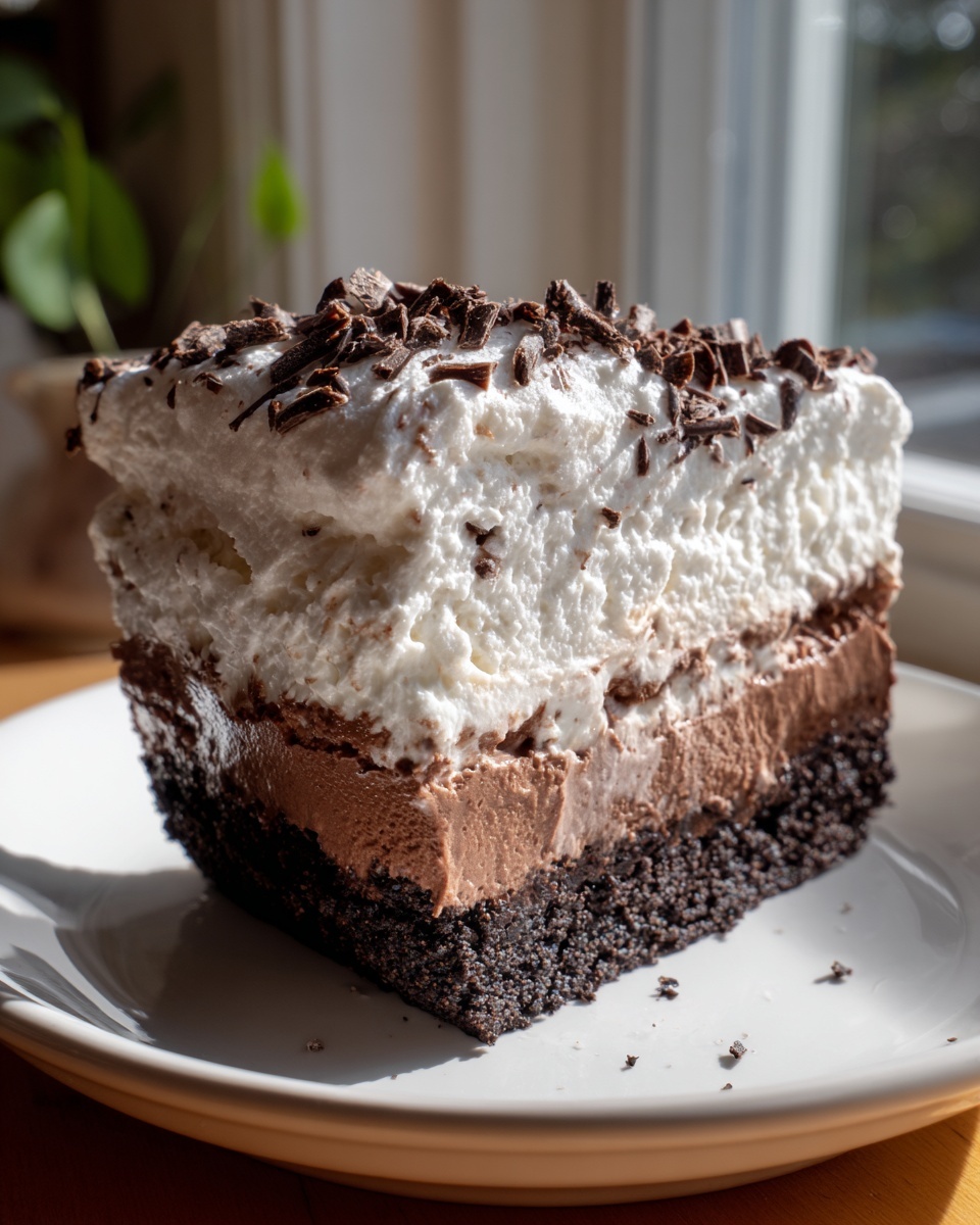 A thick slice of Mississippi Mud Pie featuring a dark crust, chocolate mousse, and a generous layer of whipped cream topped with chocolate shavings.