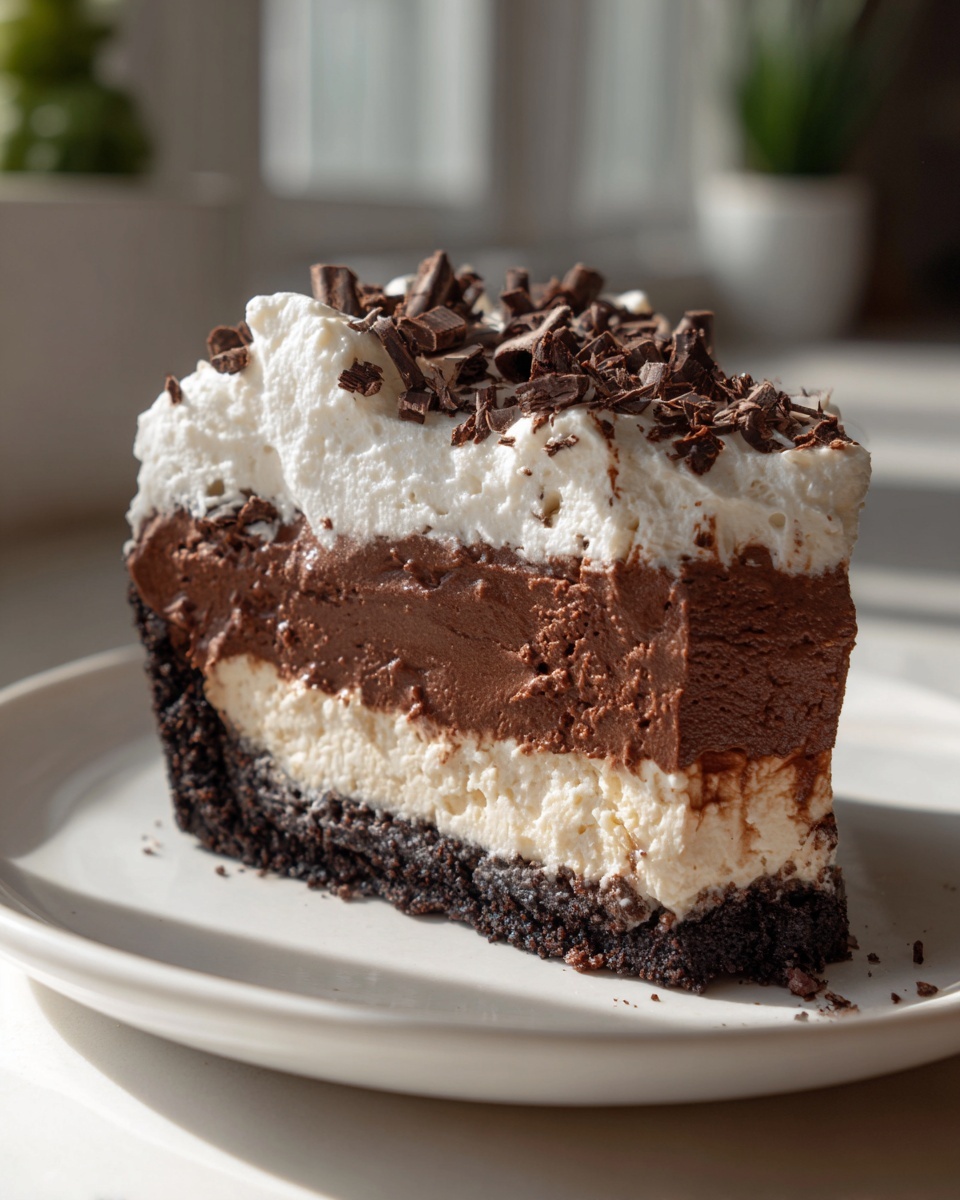 A decadent slice of Mississippi Mud Pie showing layers of chocolate crust, white filling, chocolate mousse, and whipped cream topping.