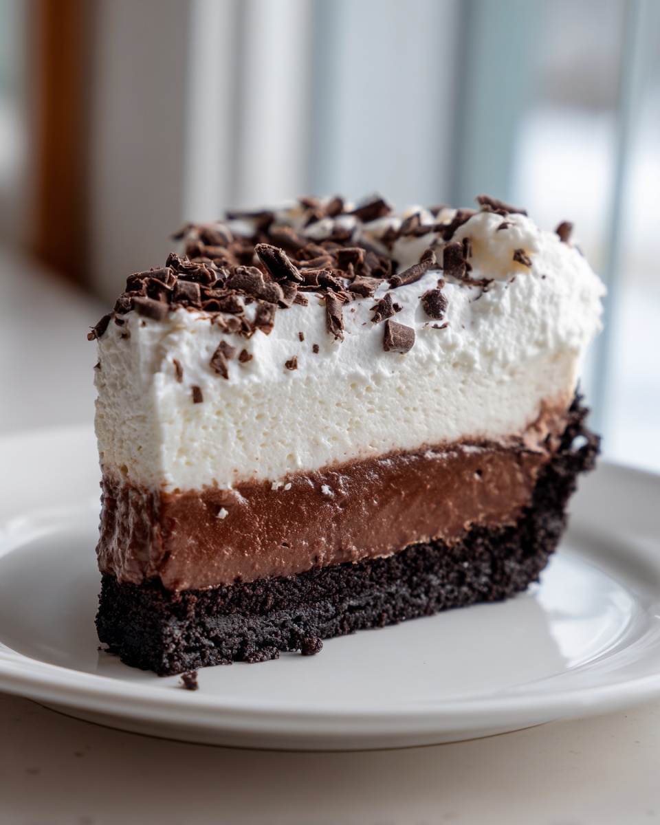 A decadent slice of Mississippi Mud Pie showing dark crust, chocolate filling, white topping, and chocolate shavings.