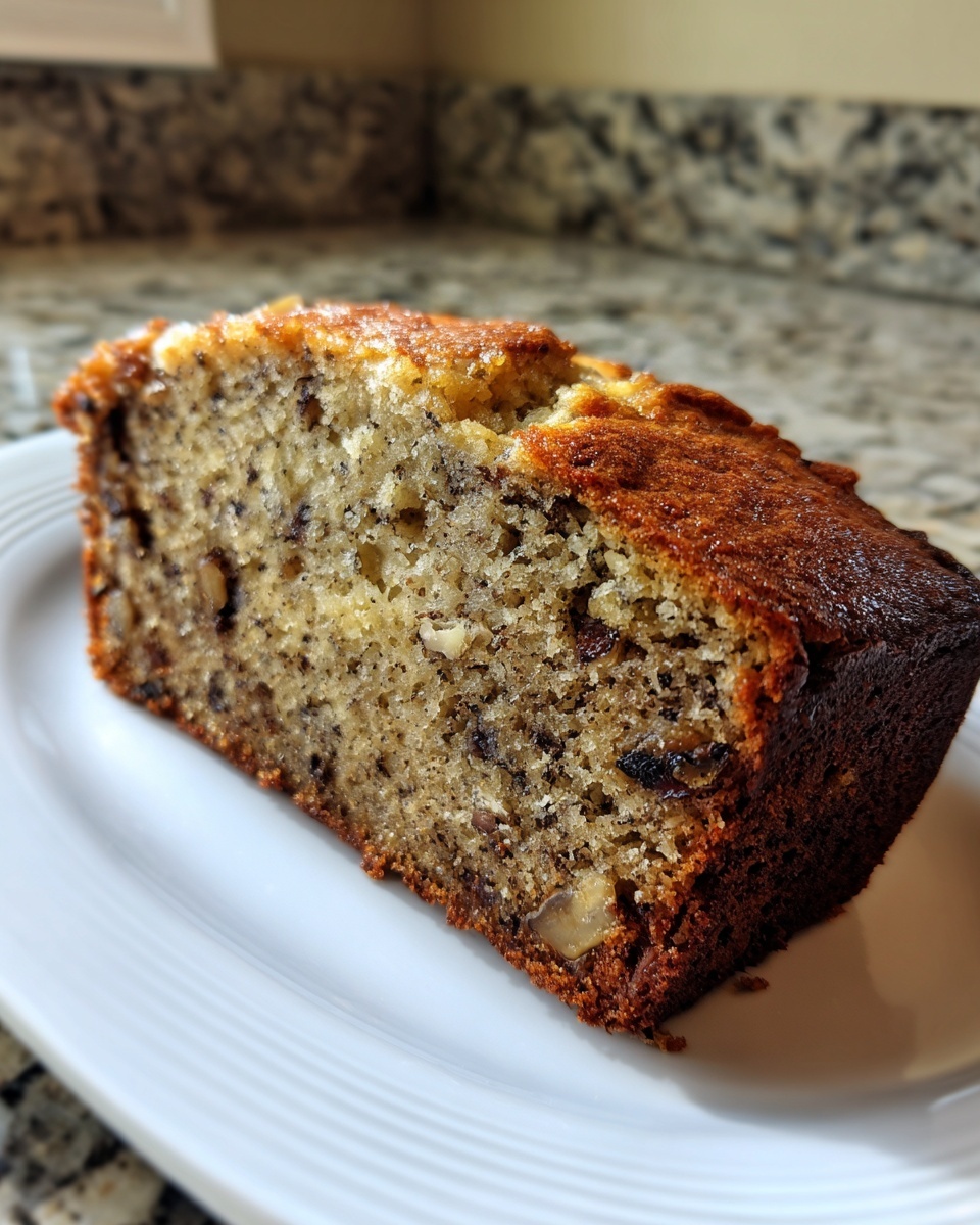 A close-up of a thick slice of moist banana bread recipe showing nuts and dark banana specks, served on a white plate.
