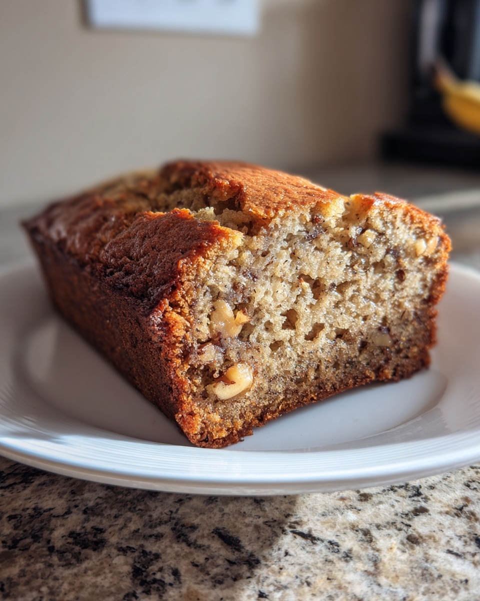 A freshly baked slice of moist banana bread recipe showing walnuts and a golden-brown crust.