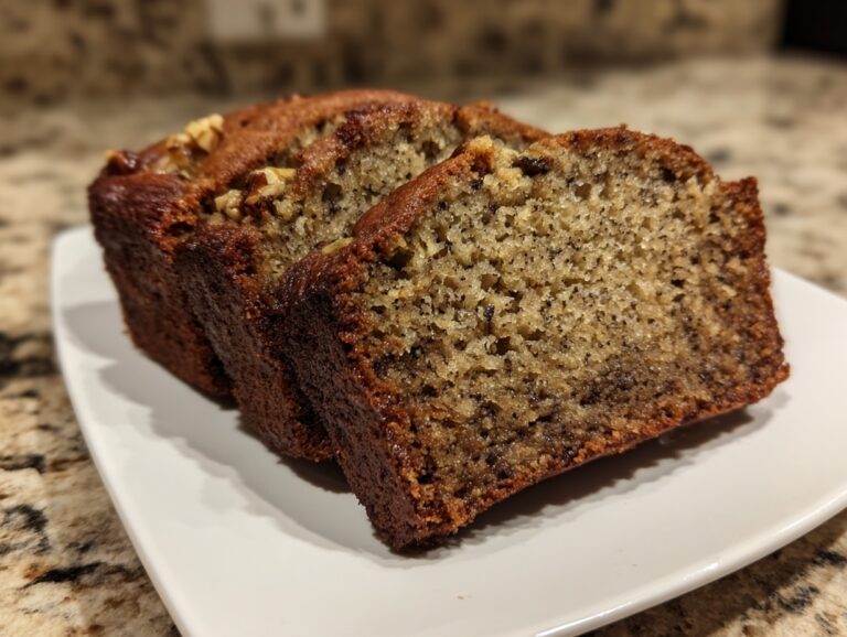 Two thick slices of moist banana bread recipe showing dark brown crust and walnuts on top, served on a white plate.