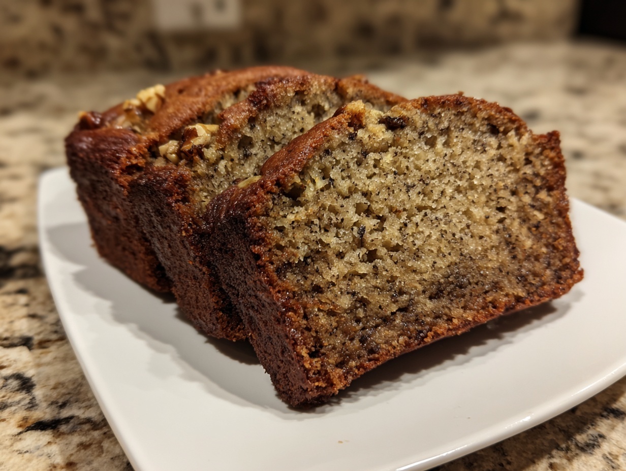Two thick slices of moist banana bread recipe showing dark brown crust and walnuts on top, served on a white plate.