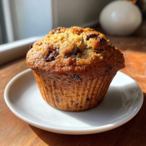 A single, golden-brown chocolate chip banana muffin sitting on a small white saucer.