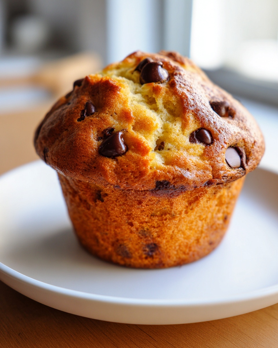 A single, perfectly baked chocolate chip banana muffin with a golden-brown top, sitting on a white plate.