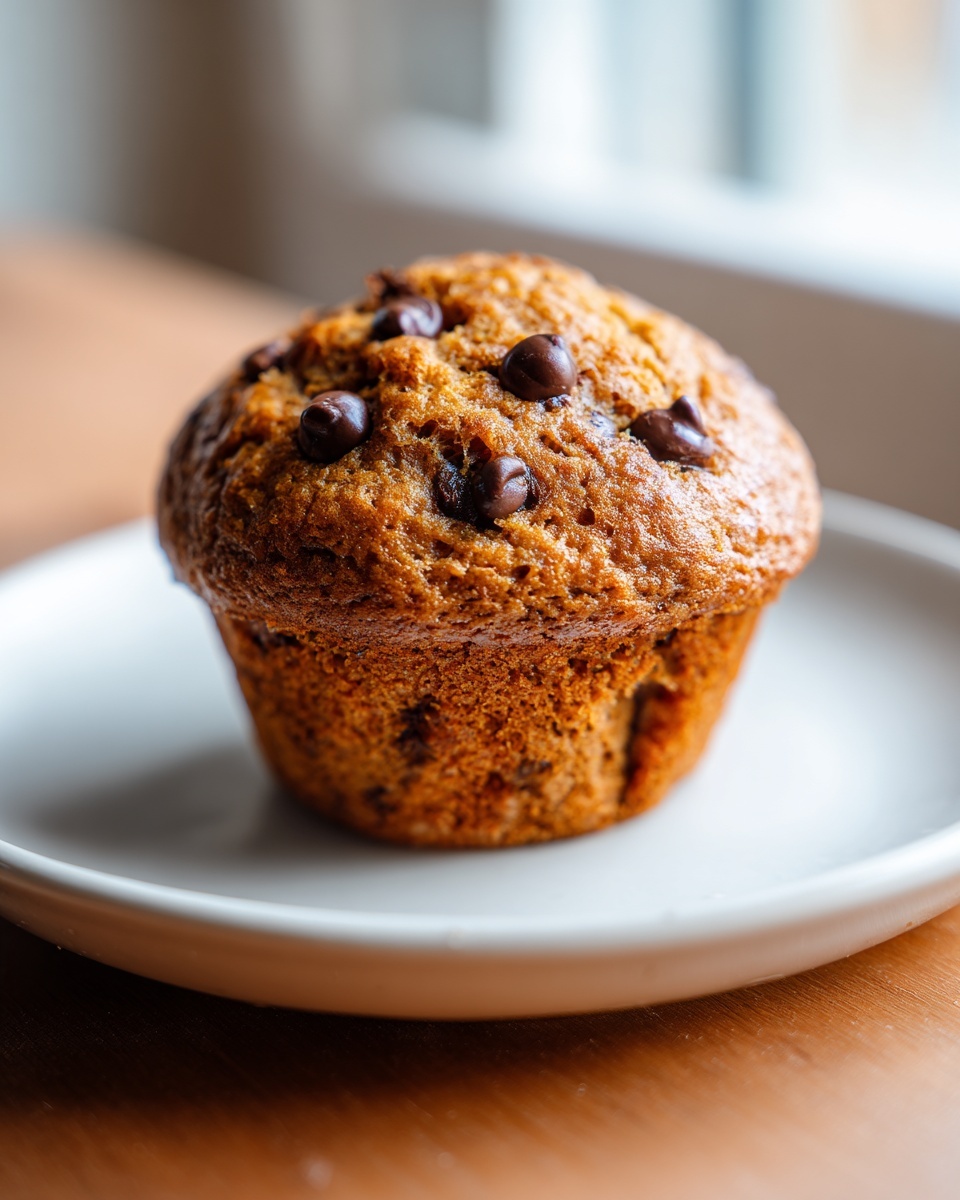 A single, perfectly baked chocolate chip banana muffin sitting on a small white plate.