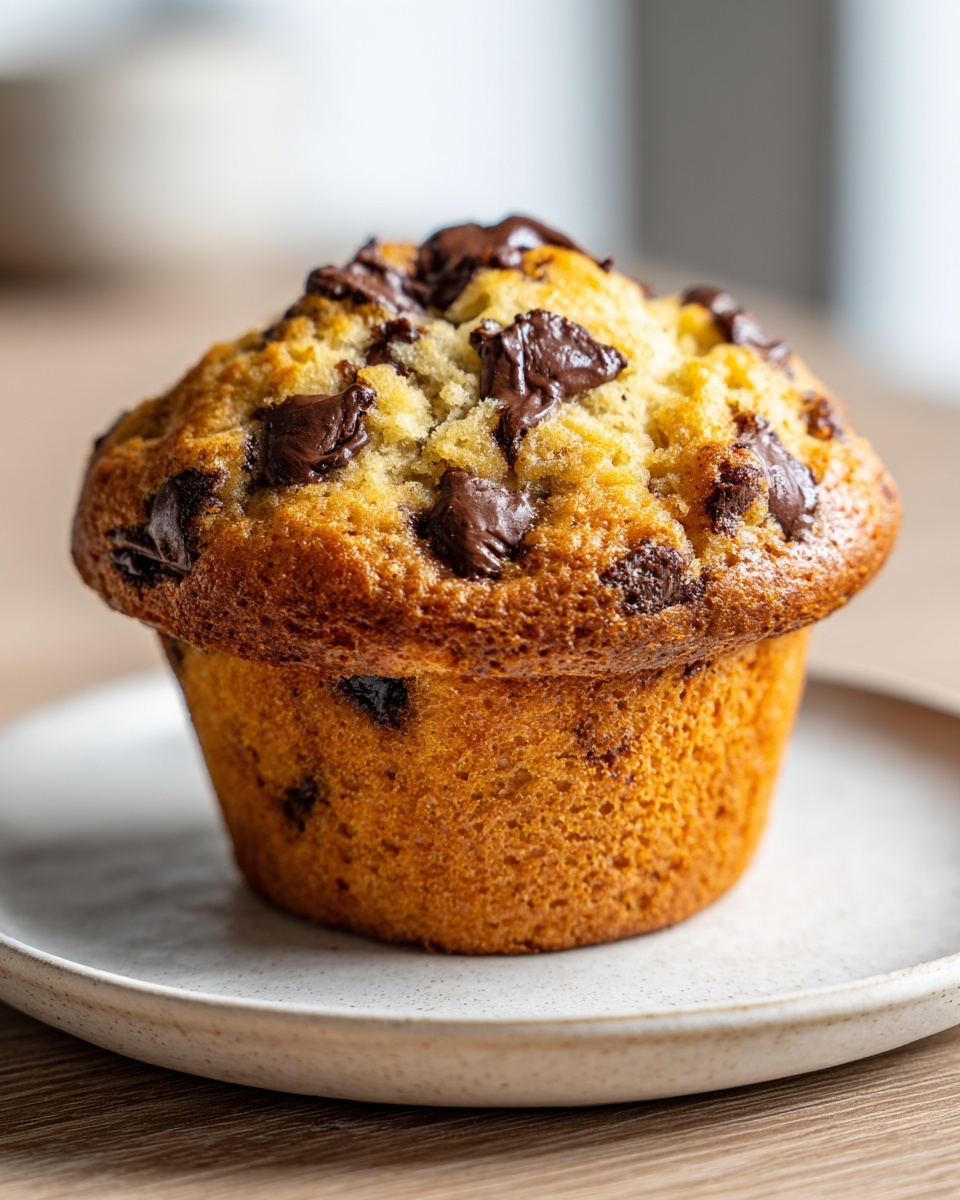 A single, perfectly baked chocolate chip banana muffin with a golden-brown top, sitting on a small ceramic plate.