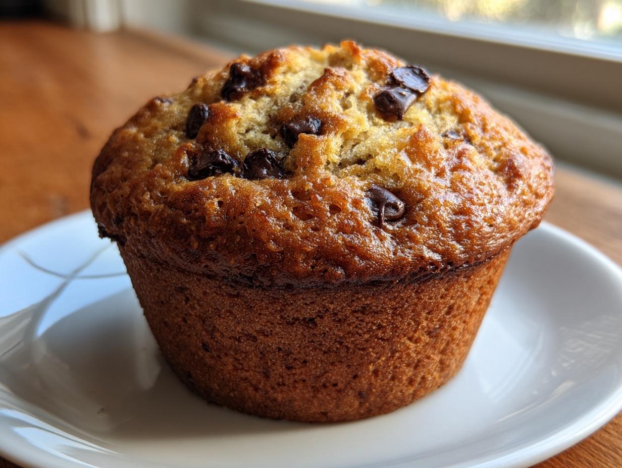 A close-up of a single, perfectly baked chocolate chip banana muffin on a white plate.
