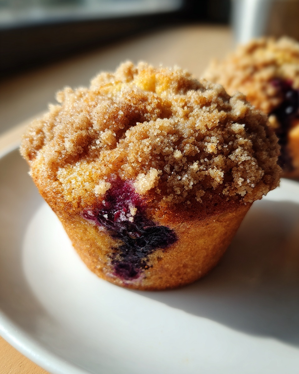 Close-up of a moist blueberry muffin featuring a thick, sugary crumb topping and visible burst blueberries.