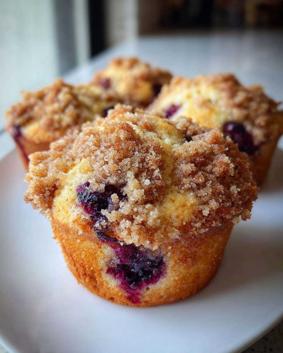 Close-up of a moist blueberry muffin topped with a generous cinnamon streusel topping, showing burst blueberries.