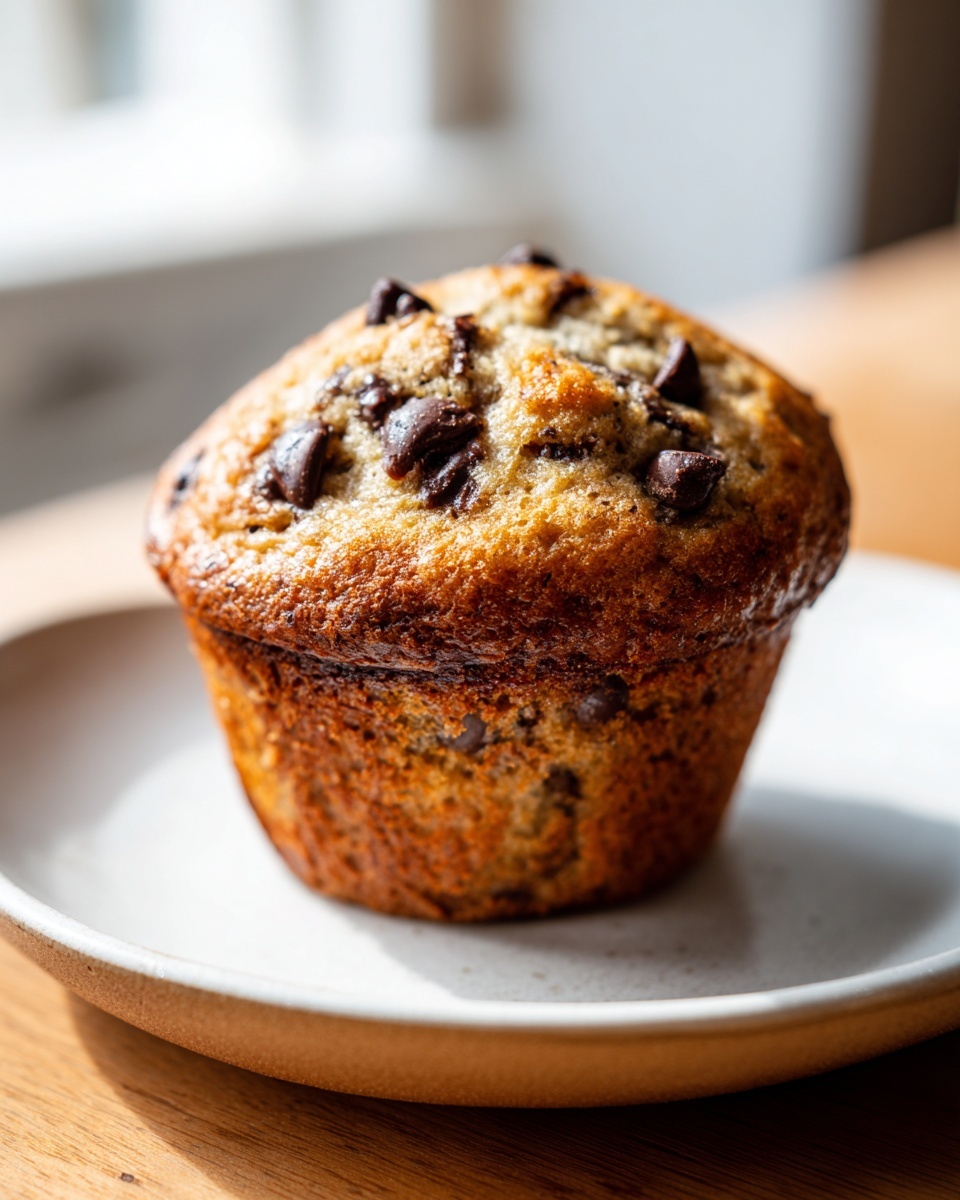 A single, perfectly baked chocolate chip banana muffin sitting on a light-colored plate.